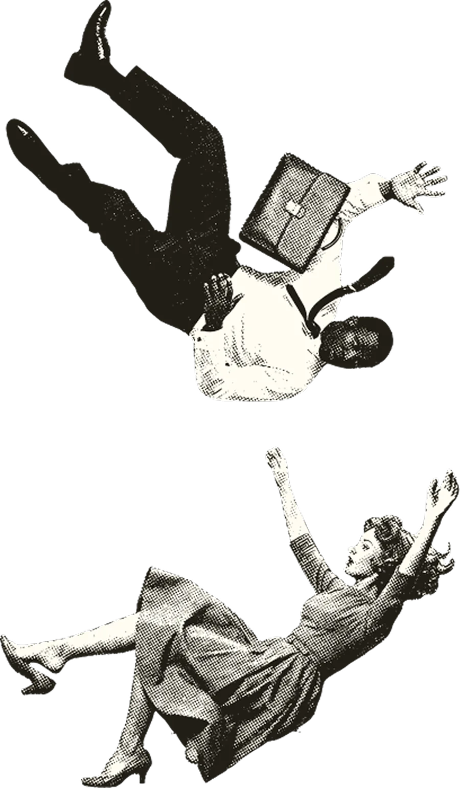 Two office workers falling into a hole in the ground